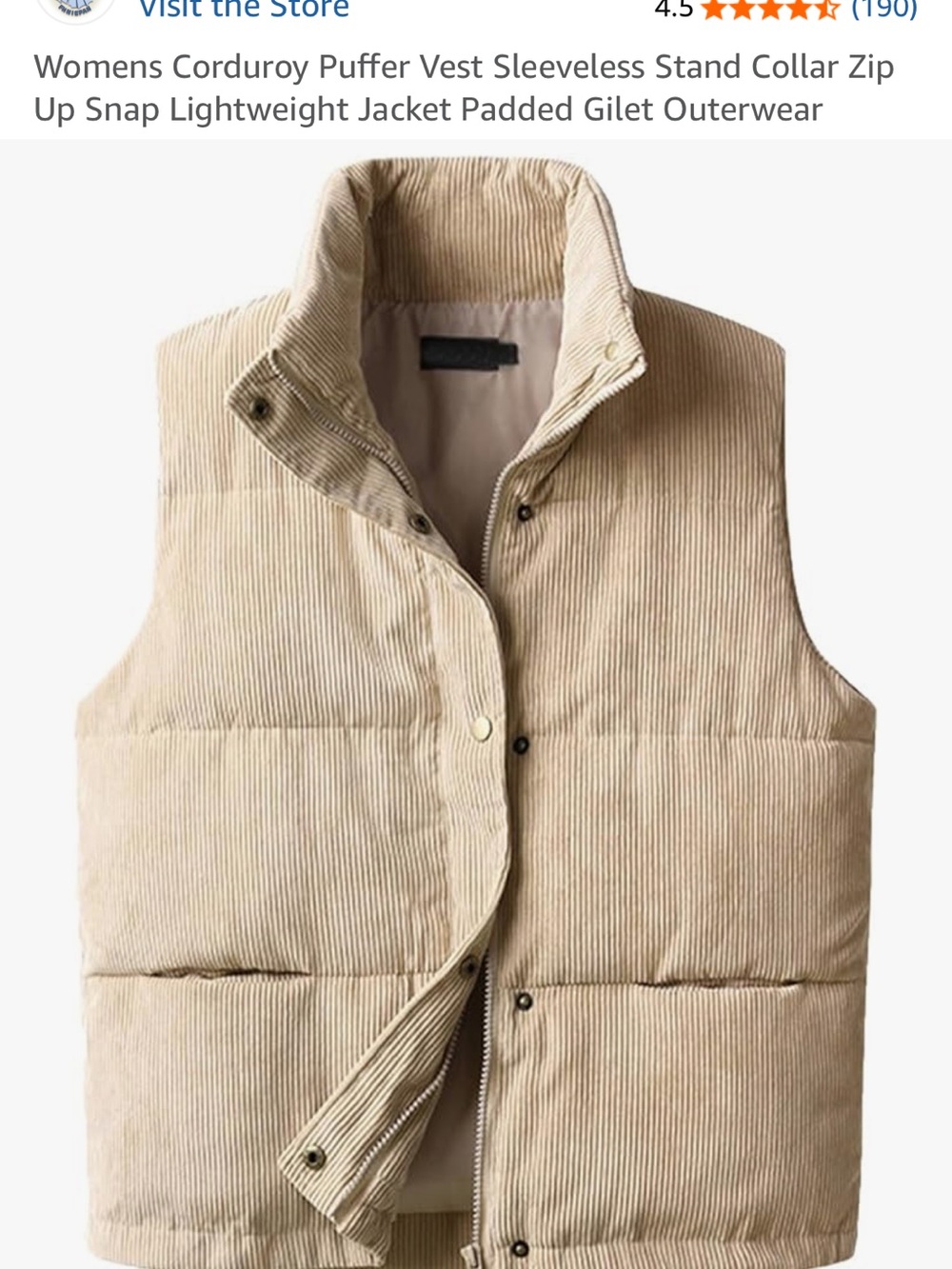 Sleeveless Corduroy Puffer Vest in Light Beige - Picture 5 of 6